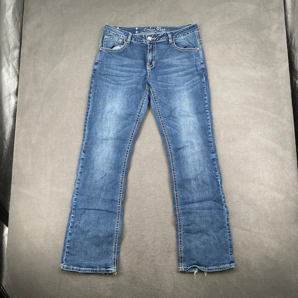 Cedar Rose Womens Bootcut Jeans Blue Denim Embroidered Pockets Size 33x34